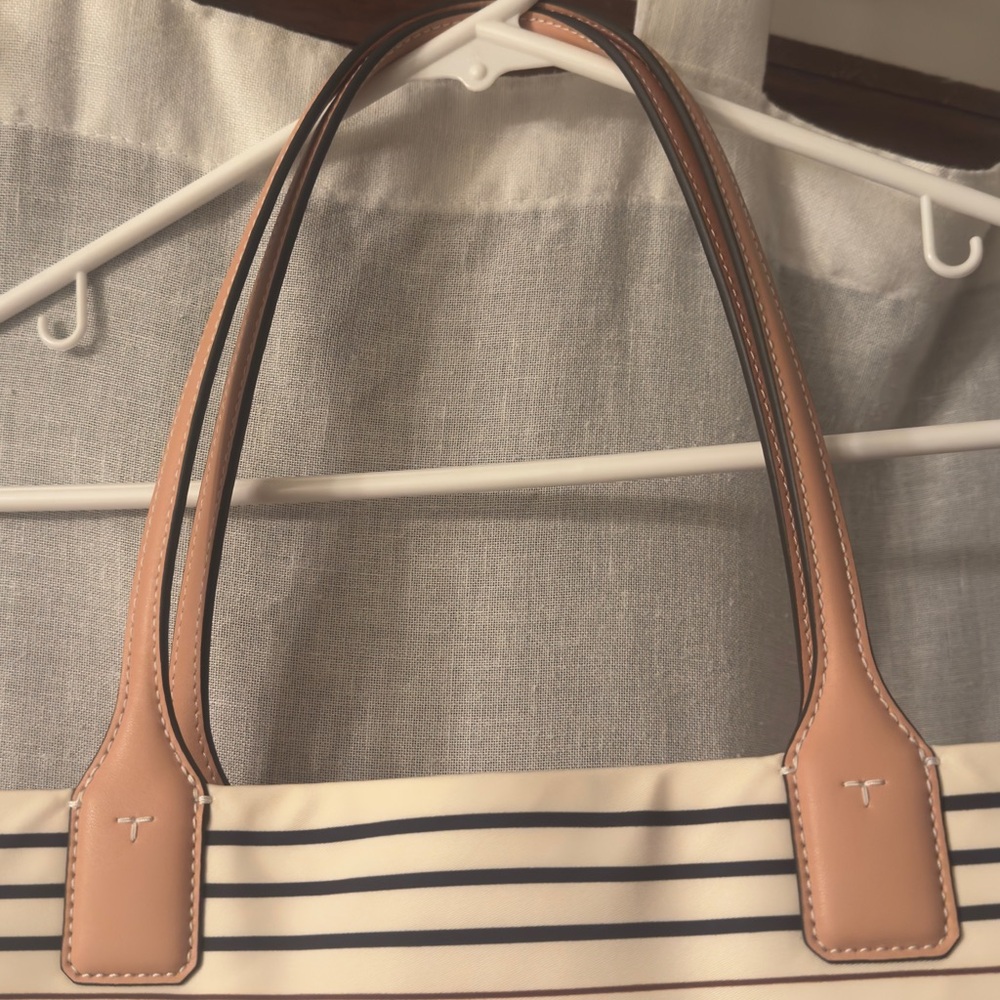 Tory Burch Striped Tan and Cream Ella Tote Bag Large - Picture 8 of 16